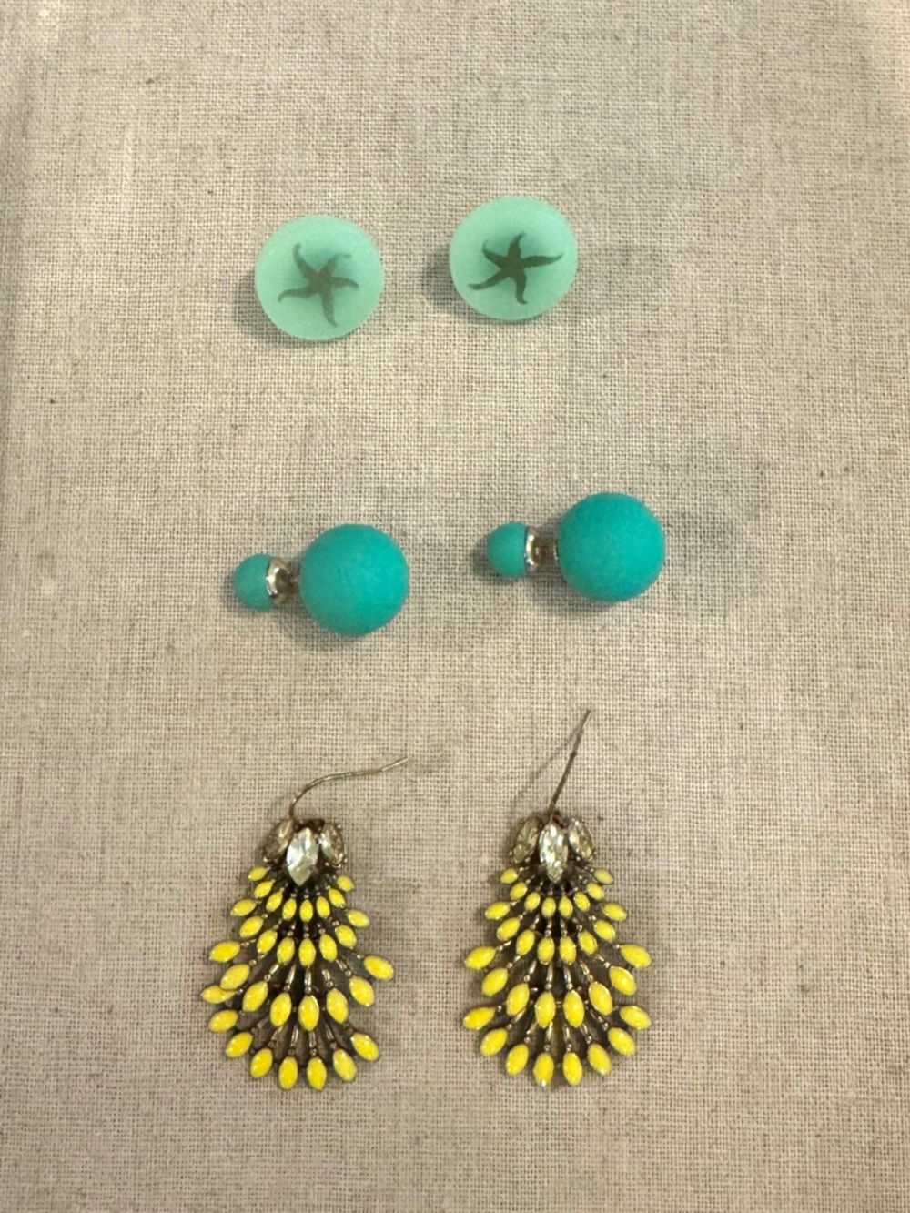 Set of Three Earrings Aqua Starfish, Aqua Ball Stud, Yellow Drop Stella & Dot